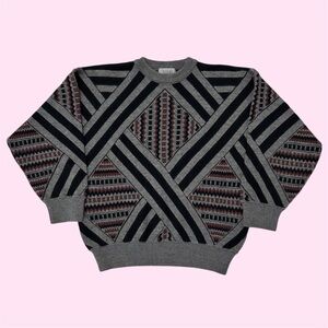 Vintage 90s Tosani Abstract Geometric Patterned Knit Crewneck Sweater Wool Large